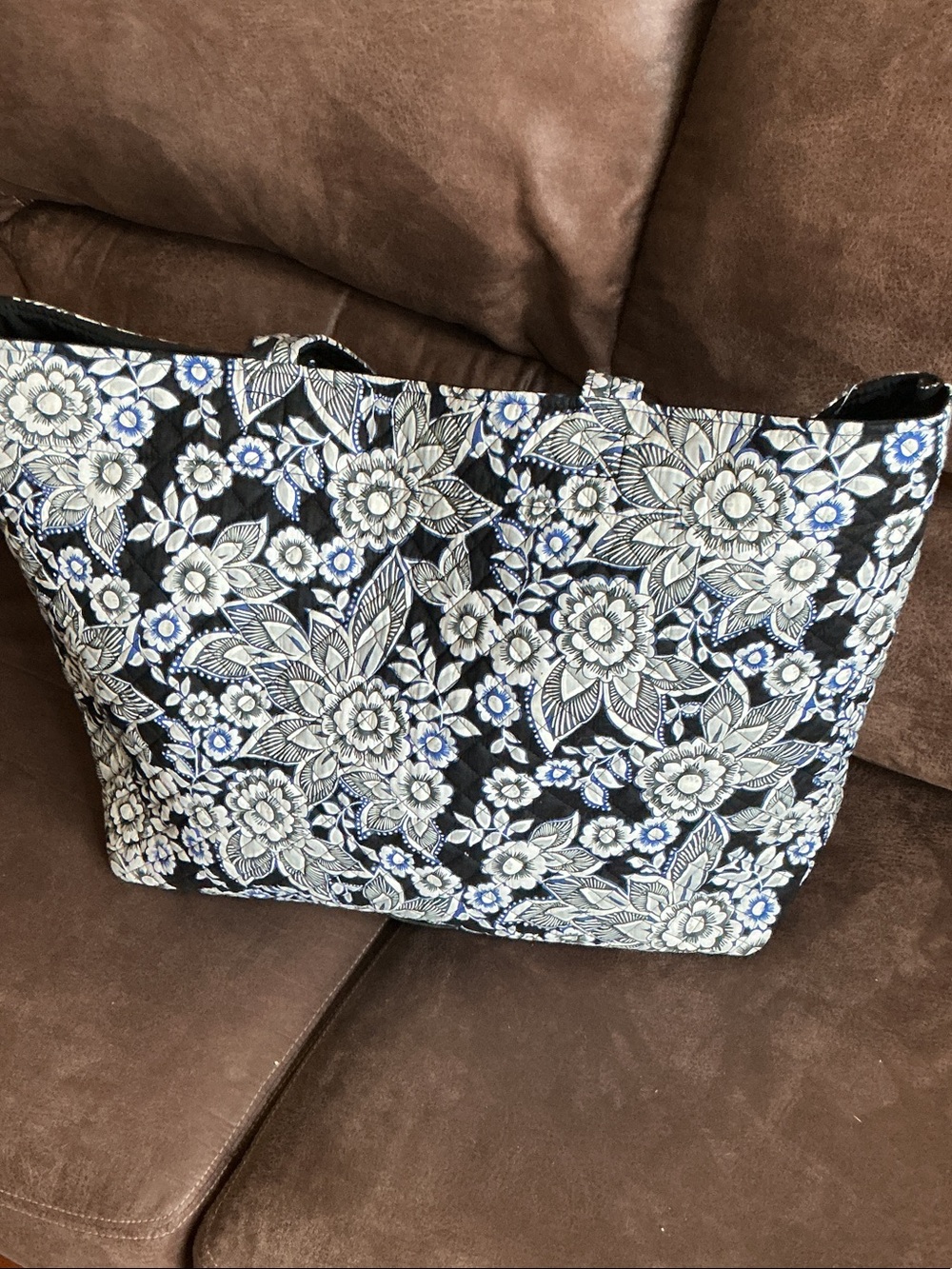 Vera Bradley Black Floral Tote with White and Blue Details